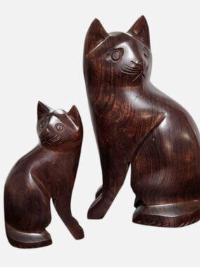 Carved Wood Cats Set of Two Ironwood MCM Sleek Pair Sitting Brown Vintage